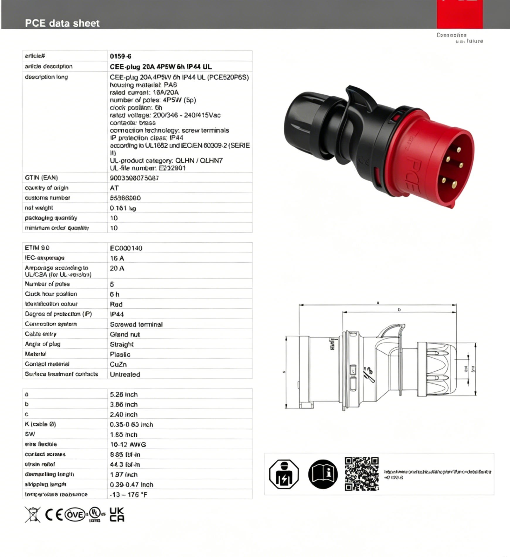 PCE Industrial Plastic Plug and Socket American Standard for Specification-415V-30A-5-Core (4P5W)-IP44-1 Outlet