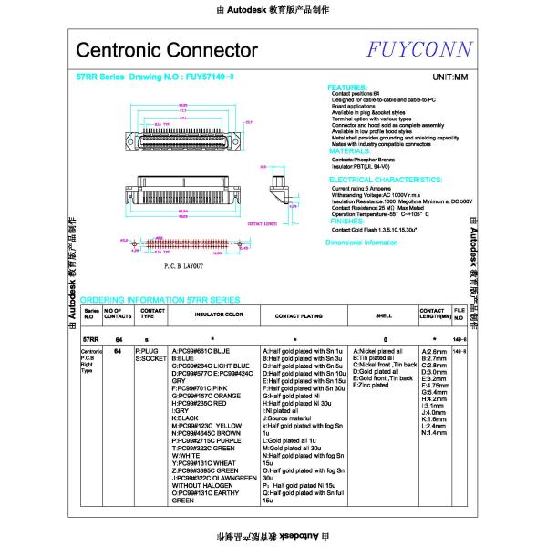 Прямоугольная разъем-розетка 32pairs Pin PCB 64 Centronics без раковины
