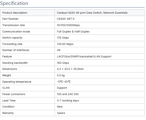 Original New Cisco C9200-48P-E 48-port PoE+ Gigabit Switch with 10/100/1000Mbps Transmission Rate