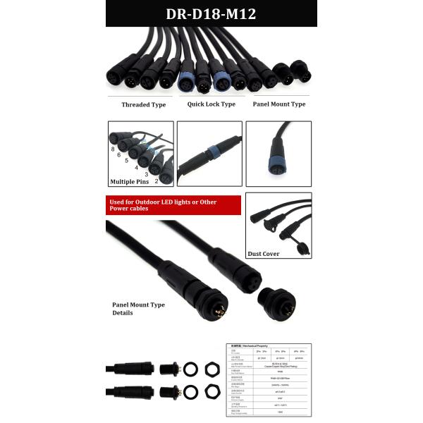 OEM Waterproof IP67 Lock Connector 2 3 4 5 6 Pin M12 Electric Male Female Solar LED Light Lamp Power Cord Extension Cable