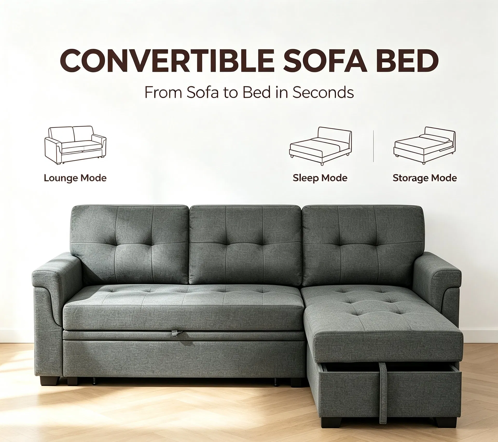 Double Arm Cup Holders Linen Pull out Sofa Bed for Holiday Home Interior