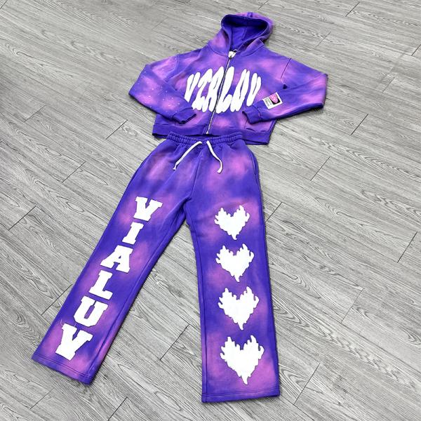 Custom Applique Embroidery Patch Boxy Zip Up Rhinestone Sun Faded Acid Washed Hoodie Tracksuits Set Wide Leg Sweatpants Set
