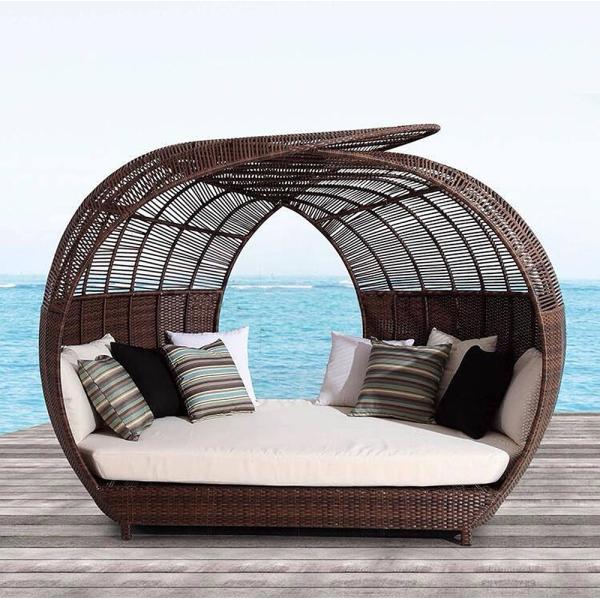 Apartment Outdoor Wicker Rattan Beach Day Bed with Canopy Double Function