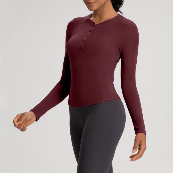 Long Sleeve Henley Top Yoga Activewear Soft Ribbed Fabric Taupe Color for Women