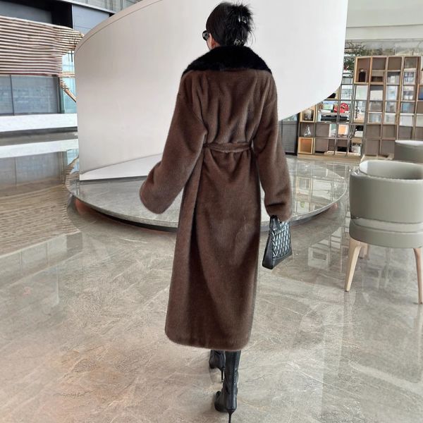 Elegant Plus Size  Long Faux Fur Coat Dark Brown  Faux Ladies Coats V Neck