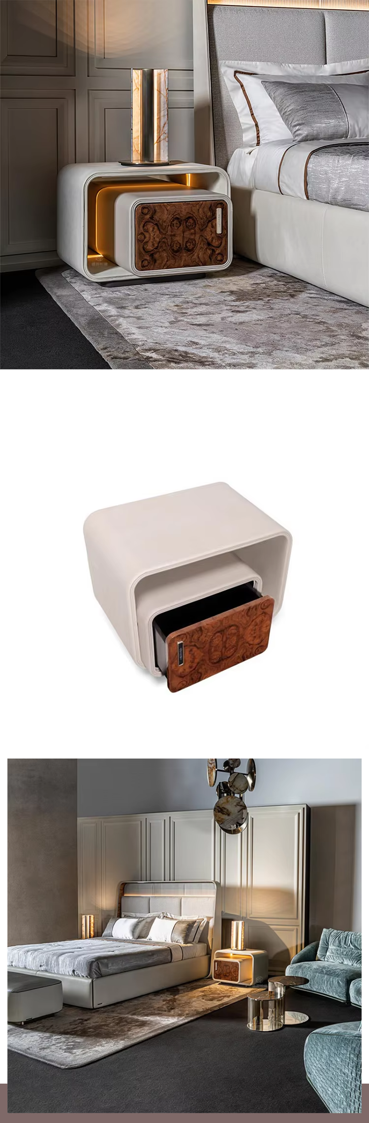 Nordic Modern Bedroom Solid Wood Burl Veneer Microfiber Leather Nightstand Bedside Table for Hotel Home