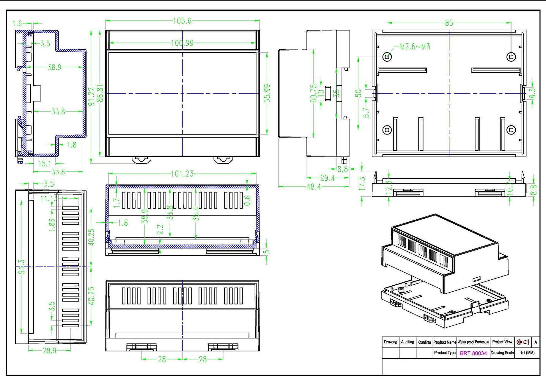 DIN Rail Enclosure BRT80034 105.6x86.8x48.4mm DIN Rail Box For Industrial Control & Power Supply