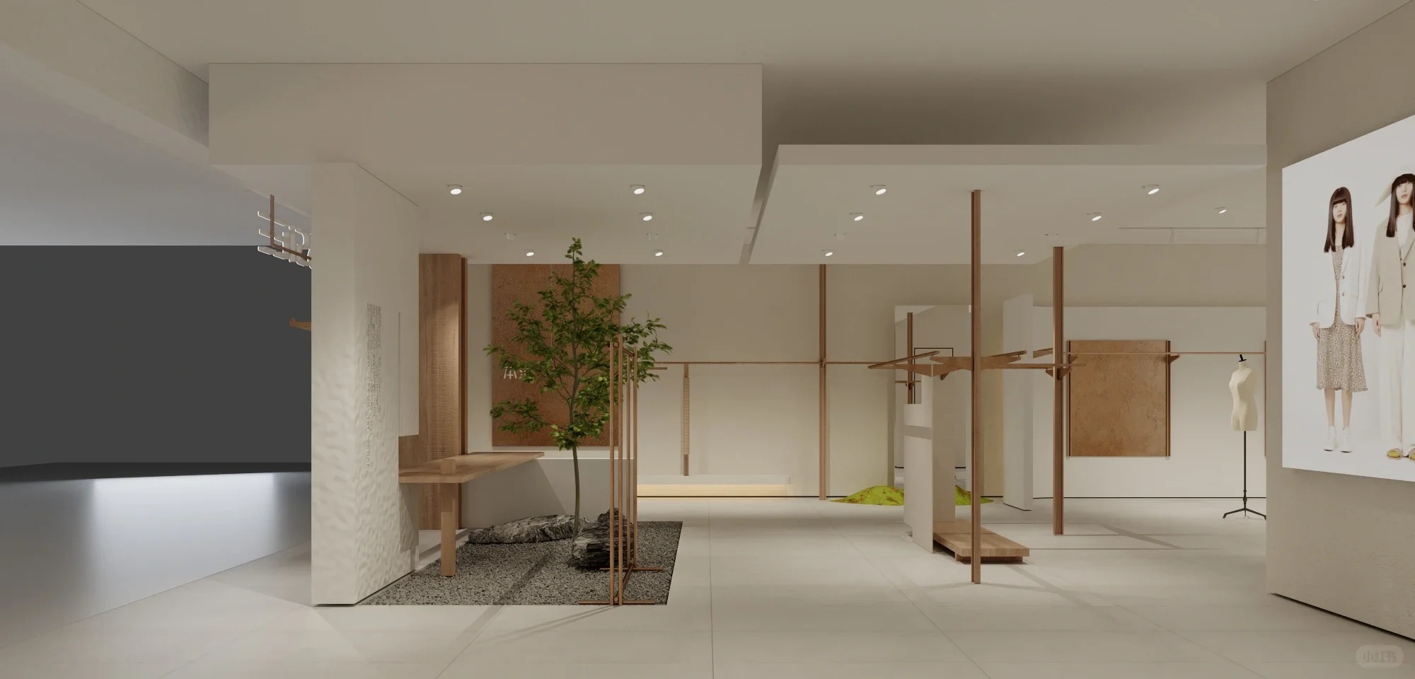Full Minimal Raw Wood Cream Women Clothing Store Interior Design