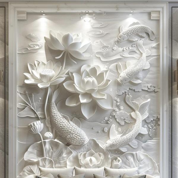 Exquisite Lotus Relief Mural Hand Carved from Natural Marble Stone for Modern Wall Decor