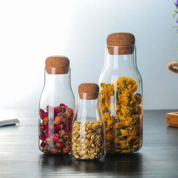 Morden Style Borosilicate Glass Storage Jar With Cork Lid BPA Free Household Use