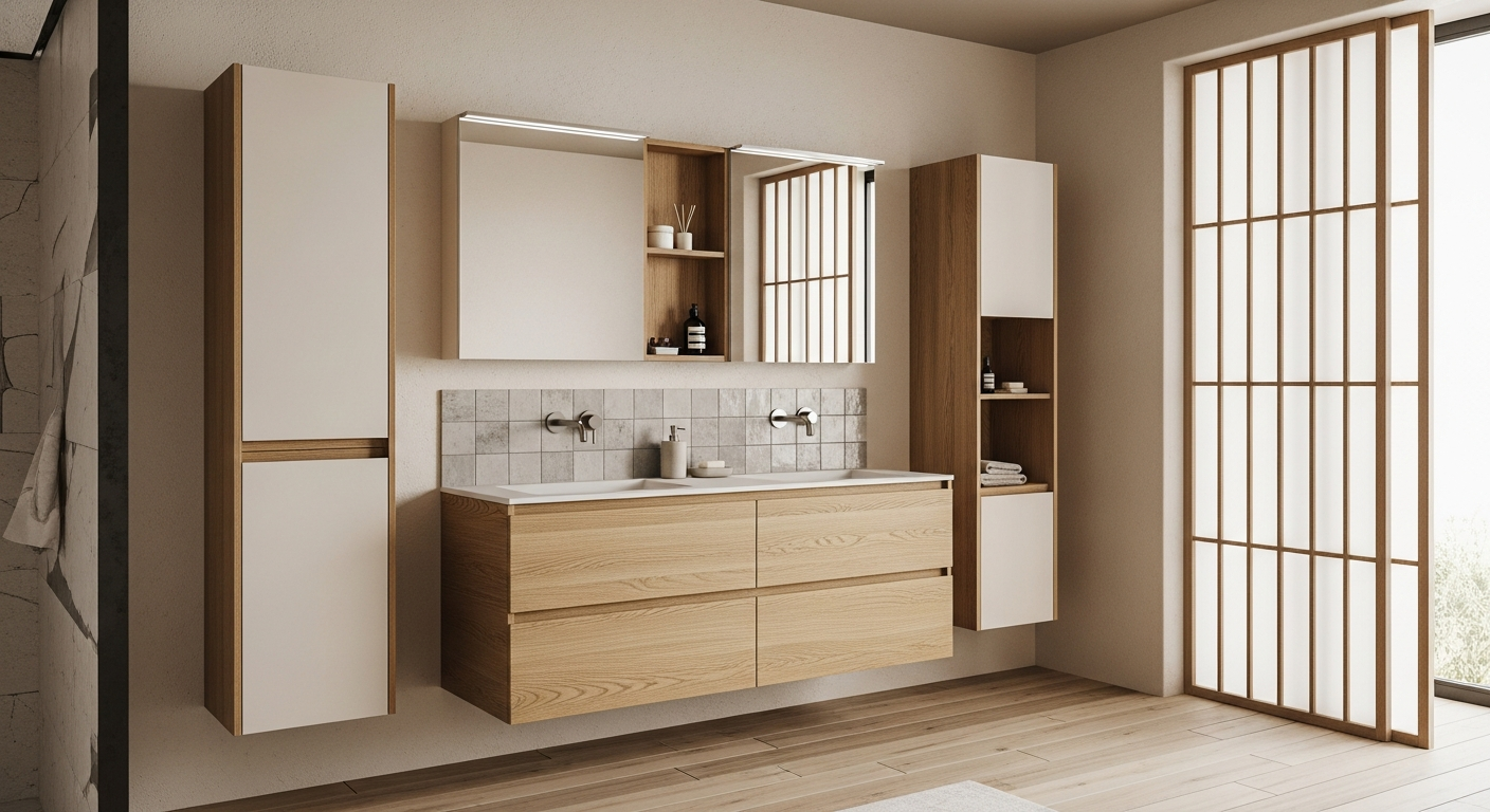 Japandi Oak Vanity with Warm Clay Basin in 304 Stainless Steel