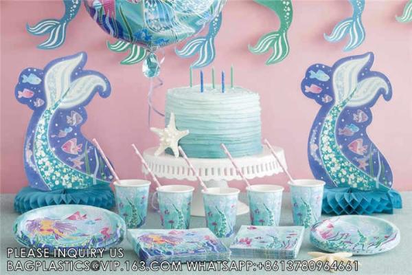 Mermaid Series Paper Straws Cup Plate Set Kid Table Decoration Wedding Birthday Party Supplies Mermaid Disposable