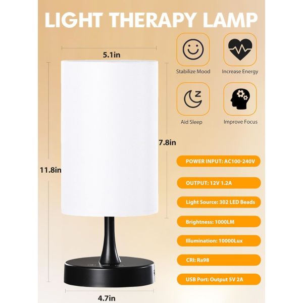 10000 Lux Light Therapy Lamp with 3 Color Temperatures and Adjustable Brightness for Seasonal Affective Disorder
