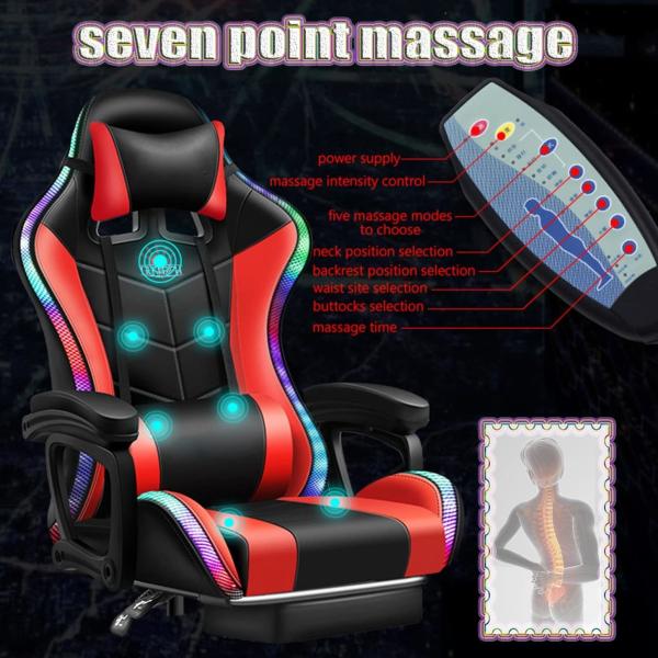 RGB Gaming Chair with 7 Points Massage Speakers and LED Light in Synthetic Leather
