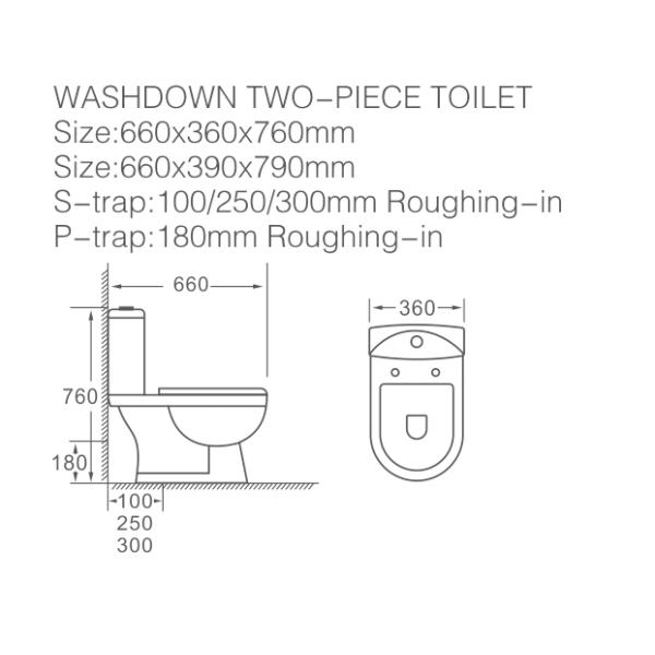 la toilette en deux pièces de jacuzzi 1,6 gallons de blanc a entièrement glacé le flux 660x360x760mm