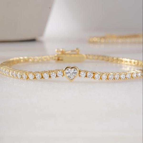 Bracelet de tennis en forme de cœur plaqué or 14 carats et argent sterling 925 avec zircon