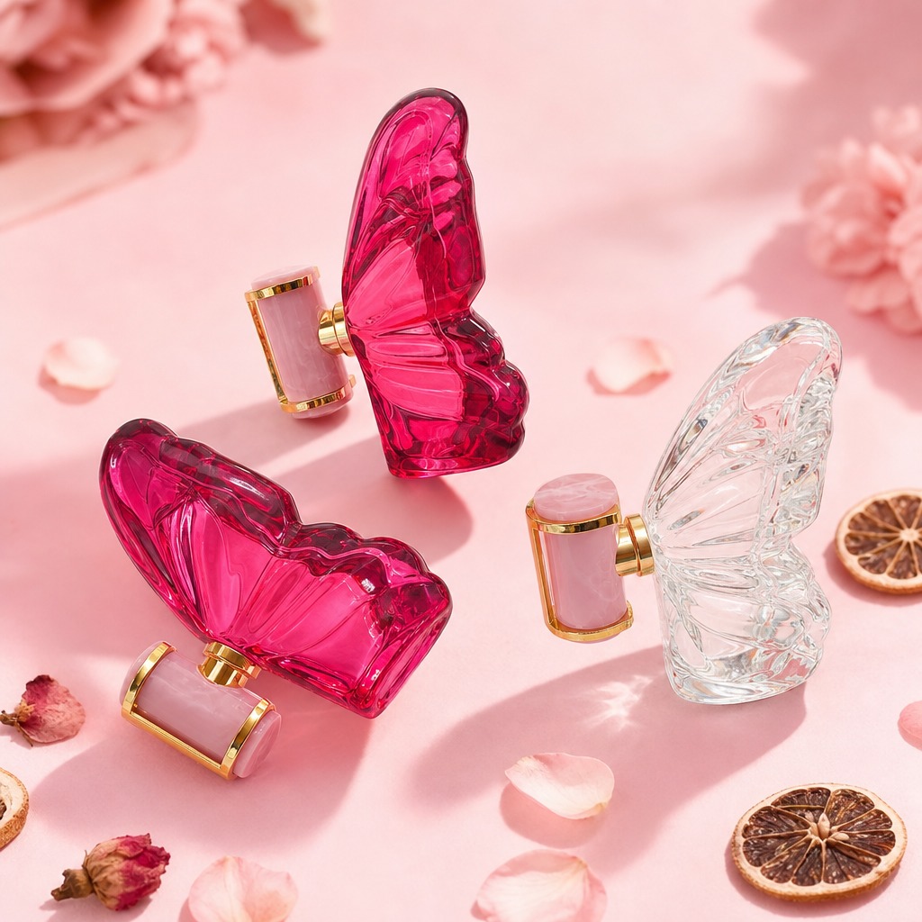 80ml Glass Perfume Bottles Butterfly Shaped Red Pink Marble Cap Empty Elegant