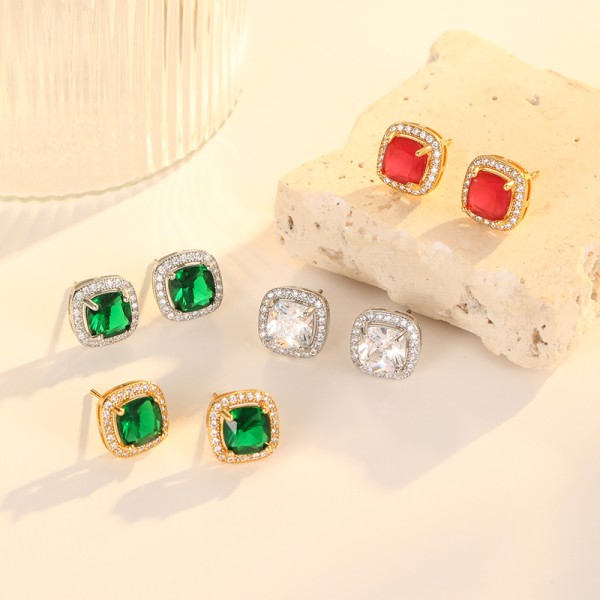 Hot Selling 18K Gold Plated Fashion Temperament Sugar Cube Zircon Dubai Earring Silver Post Women's Jewelry Studs Earrings