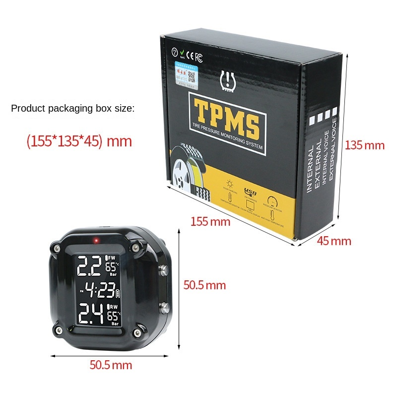 Motorcycle TPMS 12V Universal Fit Tire Pressure Monitoring System Solar Powered Display External Sensors