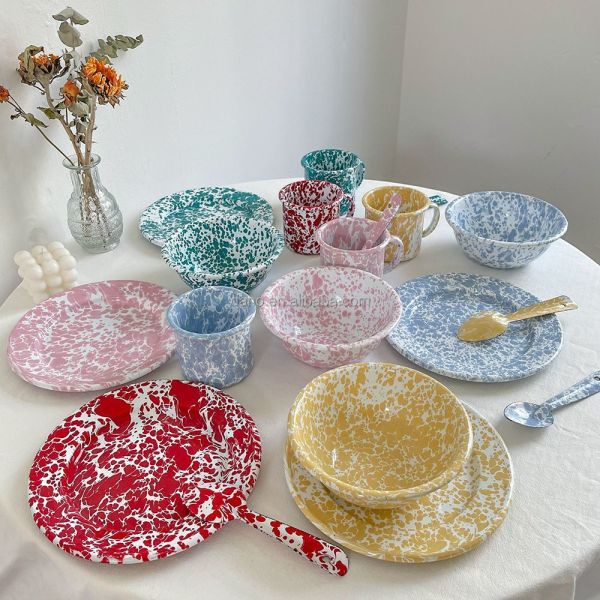 Korean Style Enamel Dinnerware Set Enamel Plate Mug Rice Bowl Dish Camping Ware