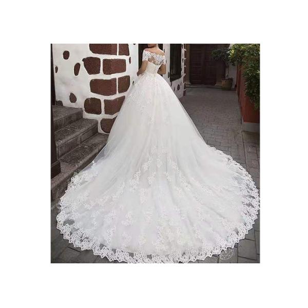 Zipper Back Long Tail Wedding Gowns Off White Color Off Shoulder Short Sleeve Lace