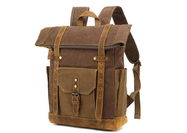 Canvas Leather Magnetic Snap Vintage Laptop Backpack High Grade Bronze Hardware