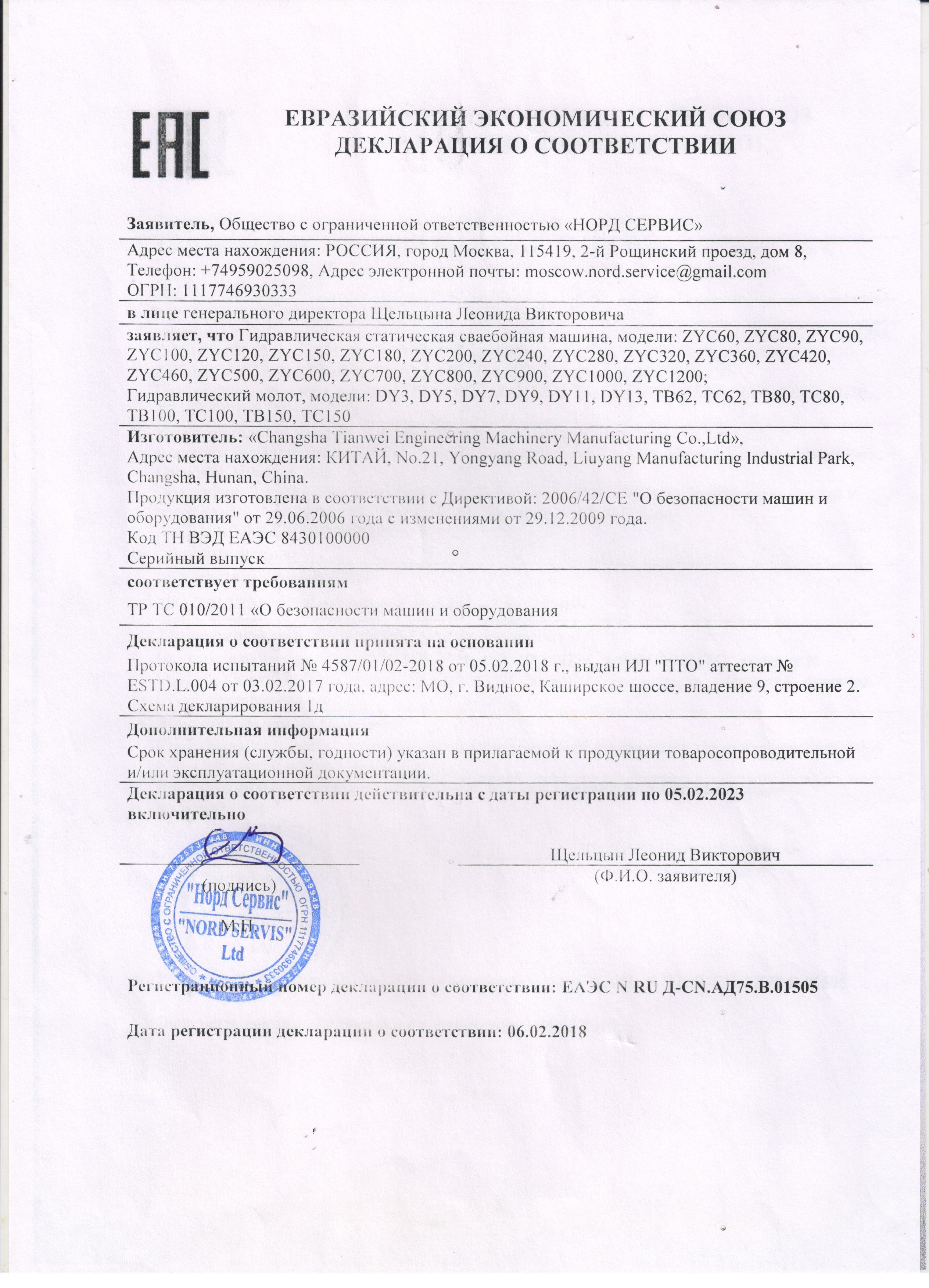 Changsha Tianwei Engineering Machinery Manufacturing Co., Ltd. Сертификации