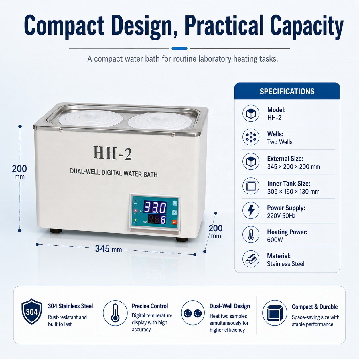 Cenlee Dual Well PID Digital Control 100C 600W 304 Stainless Steel Laboratory Sample Heating Water Bath