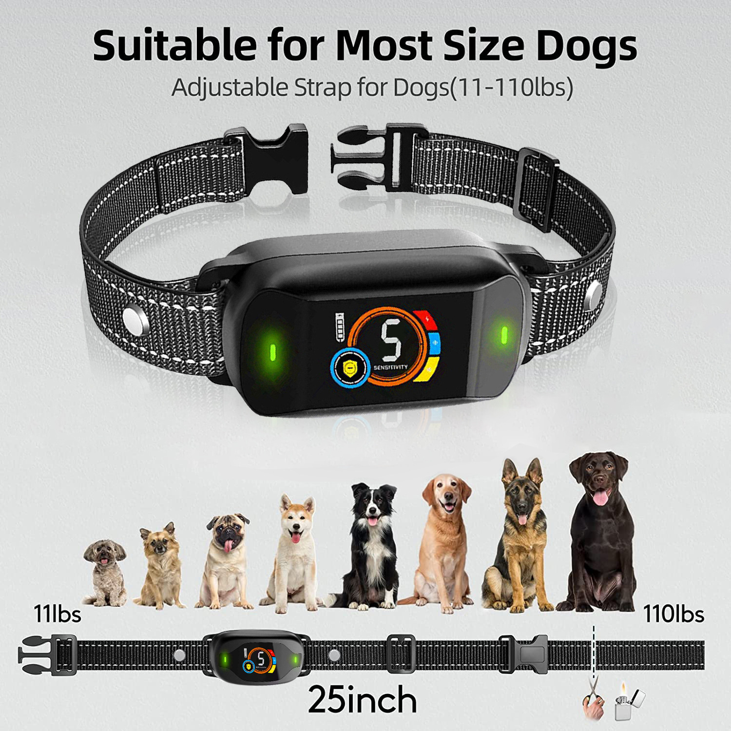 Smart Automatic Anti-Bark Dog Training Collar Rechargeable IP67 Rated Eco-friendly Plastic Vibrating Shock 20+ Hours Battery