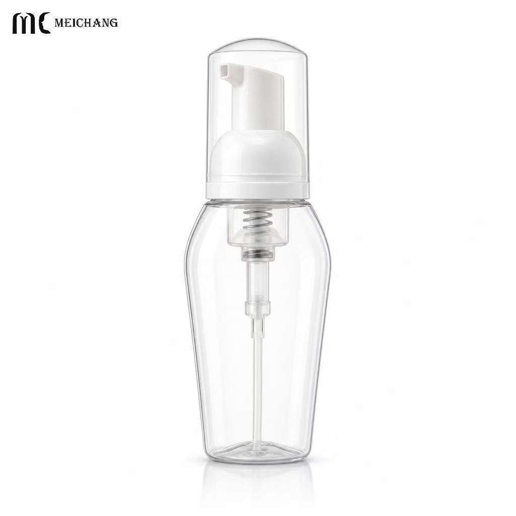 Custom PET Foaming Pump Bottle with Clear Protective Cap, 50ml & 80ml Special-Shaped Foam Pump Bottle（MC-1808）