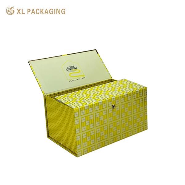 XL Packaging Custom Luxury Boxes Double Door Gift Packaging Box in Yellow with Metallic Button Closure and Foil Stamping for Special Occasions