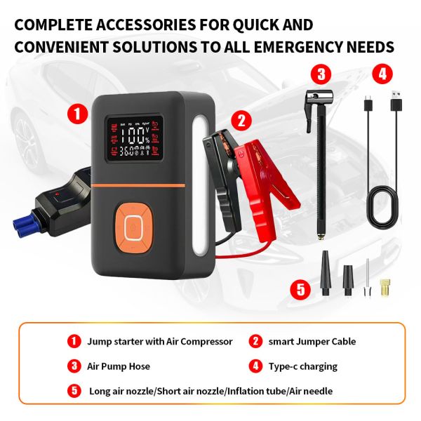 Portable 2 In 1 Jump Starter Auto Emergency Power Supply With Air Compressor 8000mAh 12000mAh 16000mAh