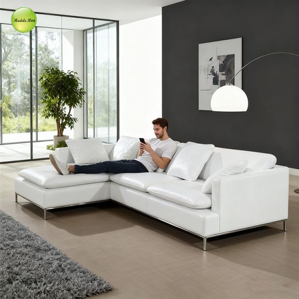 Art Deco White Leather Modular: Geometric Accents, Luxe Feel – Elevate Sophistication