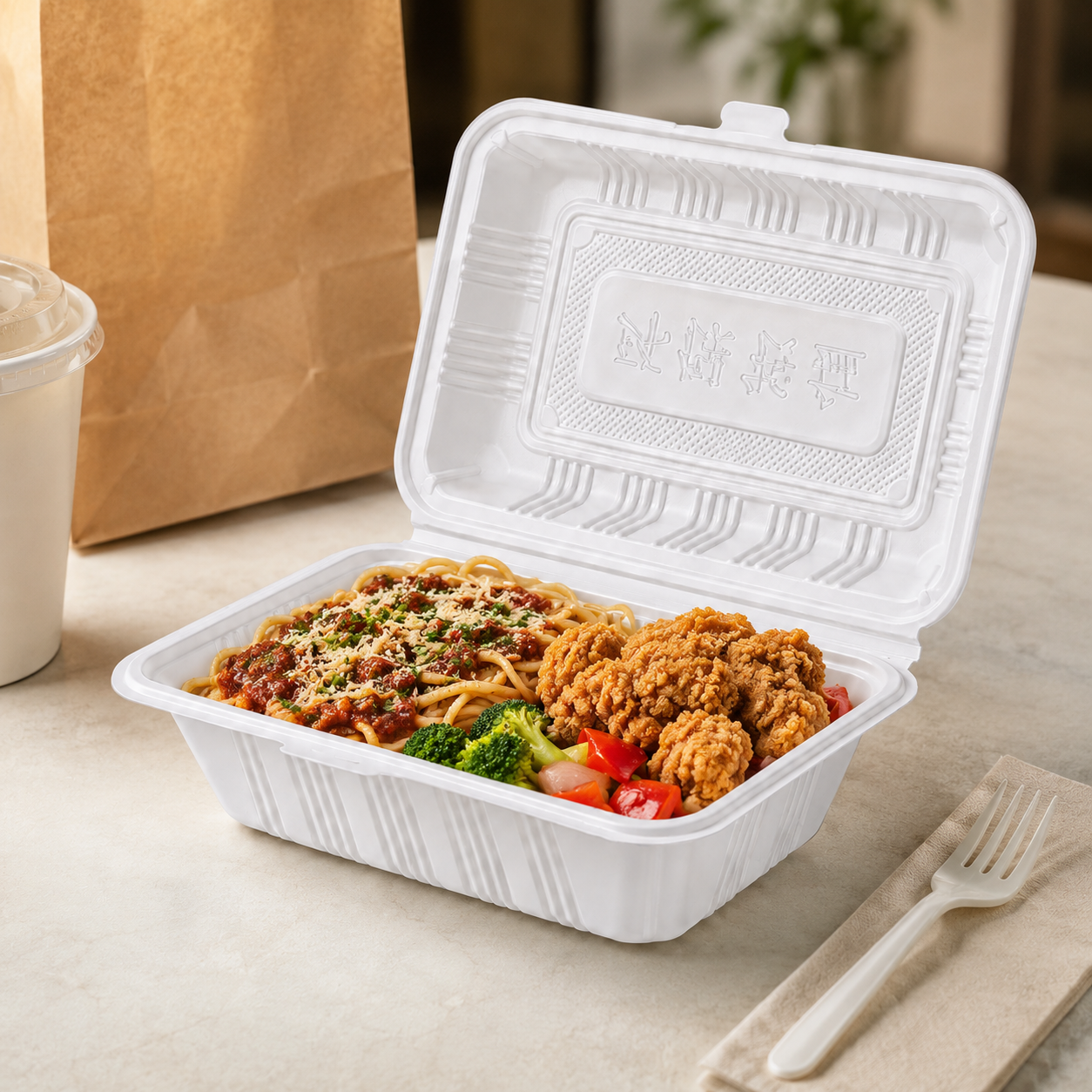 Deep Rectangular PP Clamshell Takeout Containers 600ml for Full Meals Delivery