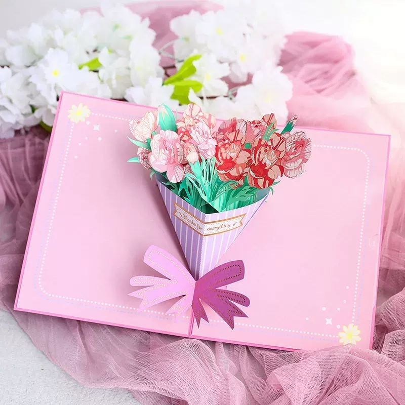 3D Floral Bouquet Pop Up Greeting Card With Striped Cone Design