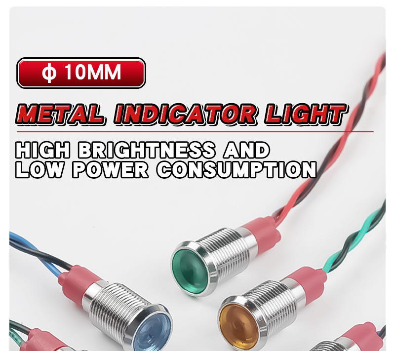 10MM Metal Indicator Light Waterproof High-Brightness LED With Wire Power Signal 6V 24V 220V Yellow Green Red Blue White
