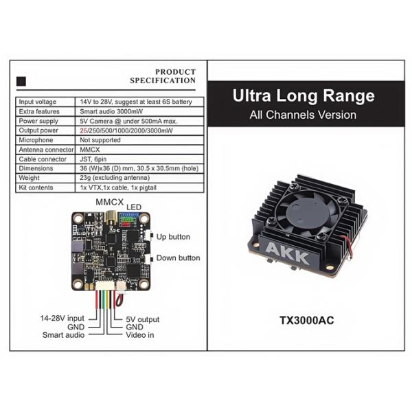 5.8G 4990-5945M AKK TX3000AC 3W VTX FPV Drone Accessory Video Transmitter 25mW/250mW/500mW/1000mW/2000mW/3000mW 80CH Low Latency