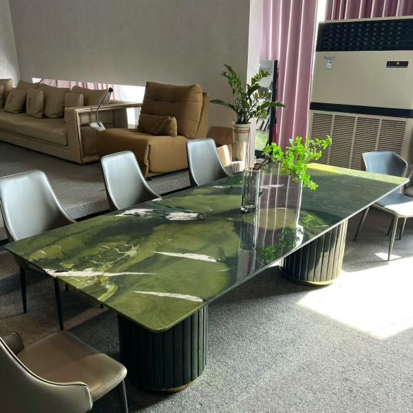 Brazilian Avocado Green Marble Long Dining Table - Elegant Modern Luxury Natural Stone Centerpiece