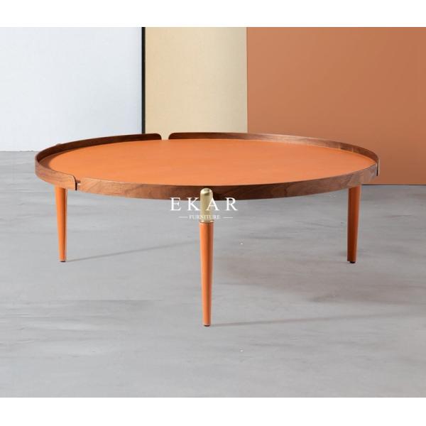 Round Metal Leg Italian Design Leather Modern Coffee Table
