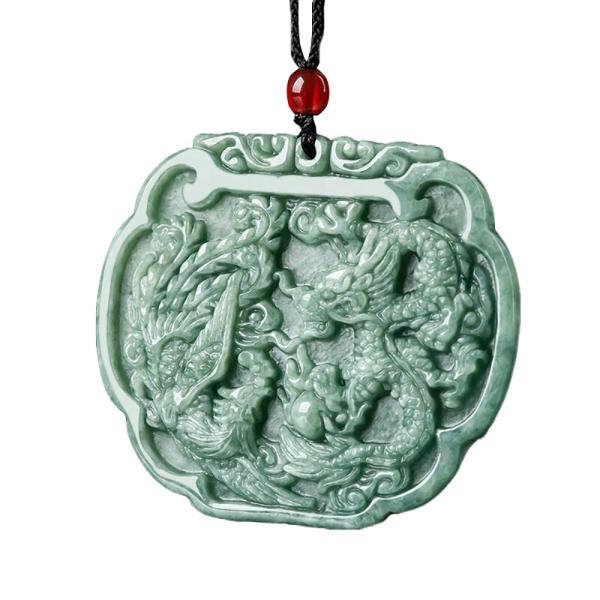 Love Theme Natural Jadeite Necklace Pendant in Feng Shui Style with Auspicious Dragon and Phoenix