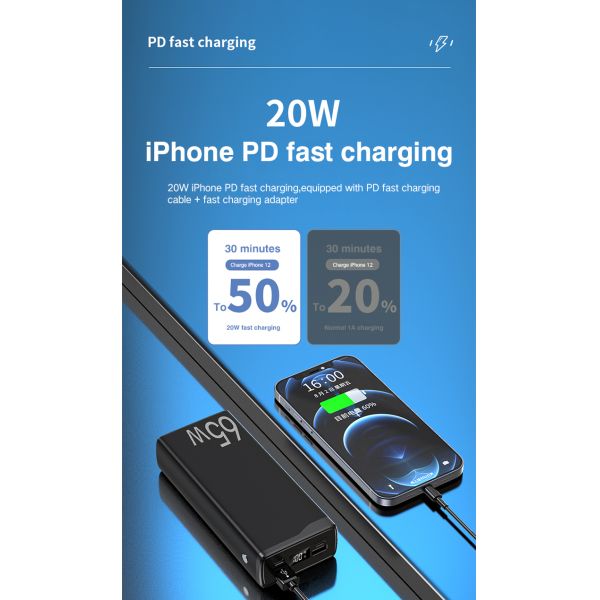 Fast Charging Phone Power Bank 30000mah 65w With Led Display