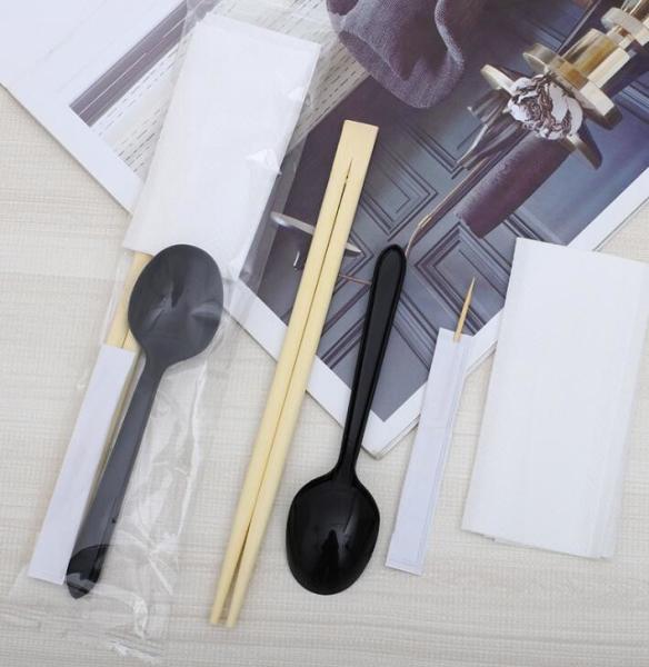 Os utensílios de mesa descartáveis da boa saúde ajustam hashis e colher do guardanapo
