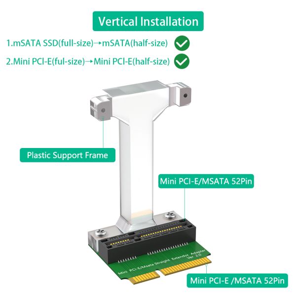 Mini PCI-E/mSATA Adapter with Vertical Installation Pin to Pin Design and Plastic Support Frame for 3G/4G WWAN LTE GPS and MSATA Card