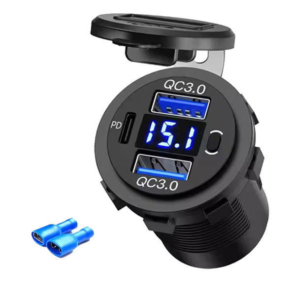 Waterproof 12V 24V Vehicle Dual QC3.0 + PD USB Charger Socket with Voltage Display Power Outlets