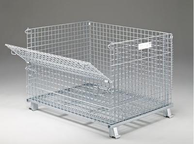 Zinco - recipiente dobrável empilhável industrial revestido do fio com os rodízios móveis