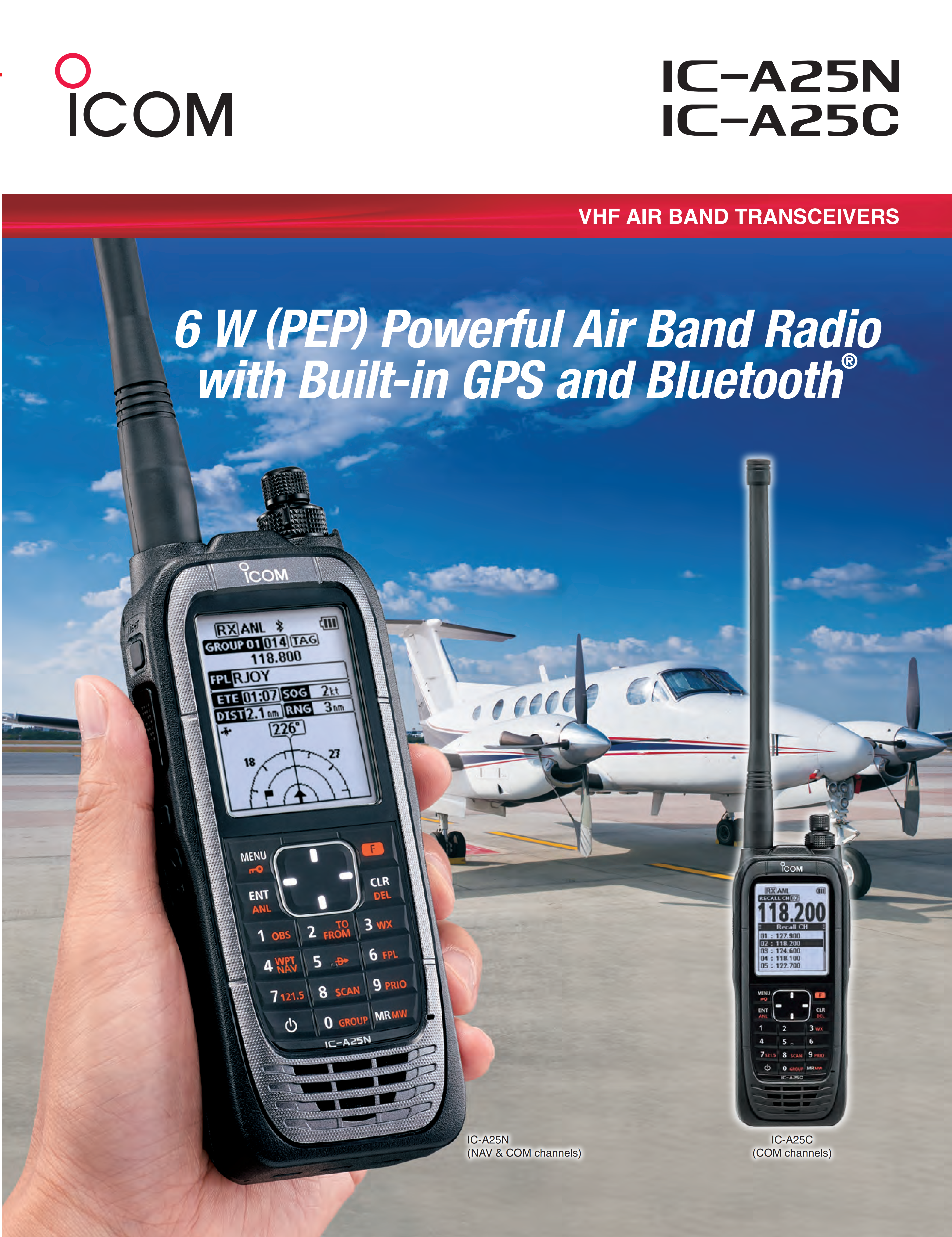 ICOM IC-A25C 6W Power VHF Air Band Transceiver with Built-in GPS and Bluetooth Walkie Talkie