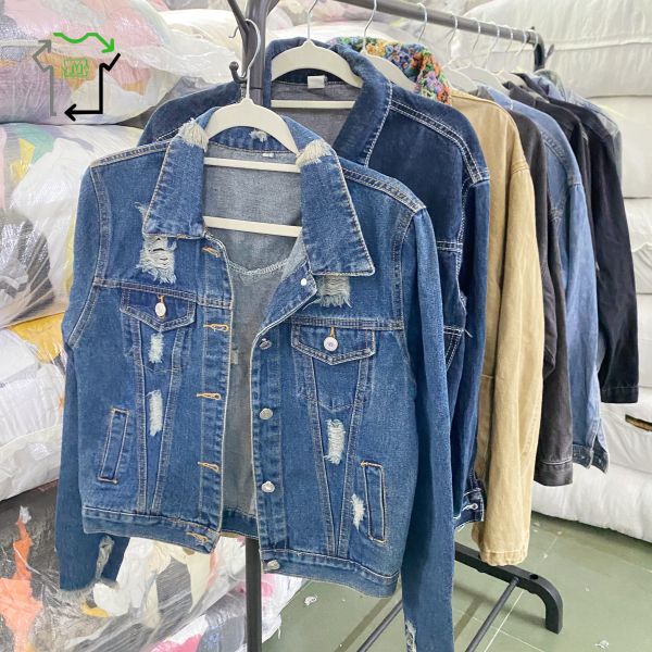 All Season Second Hand Clothes Polyester Cotton Blend Jeans Jacket Long Sleeved