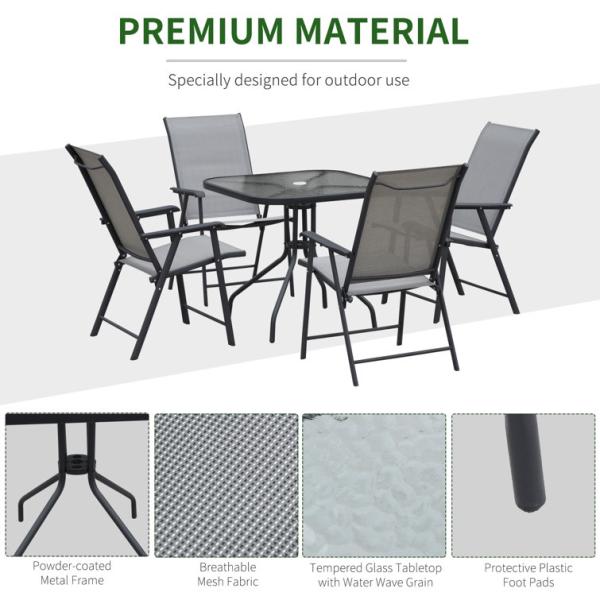 Foldable Armchair Patio Furniture 4 Seater Dining Set with Glass Top and Umbrella Hole