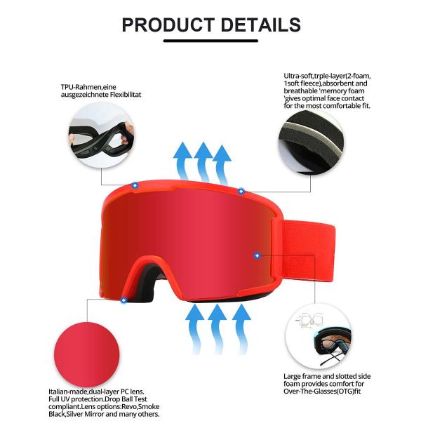 Customized Color Ski Goggles with Adjustable Elastic Strap and Double Anti-Fog Lens