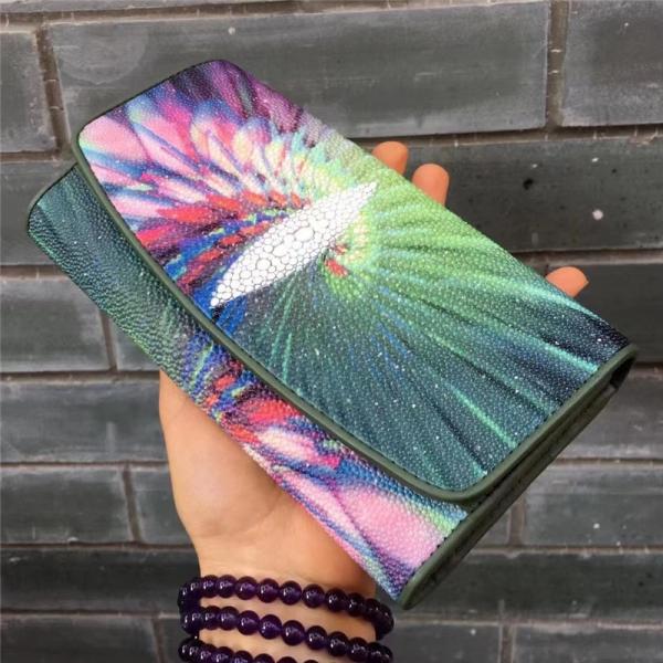 Thailand Authentic Stingray Skin Female Large Wallet Genuine Leather Lady Green Clutch Purse Women's Card Holders